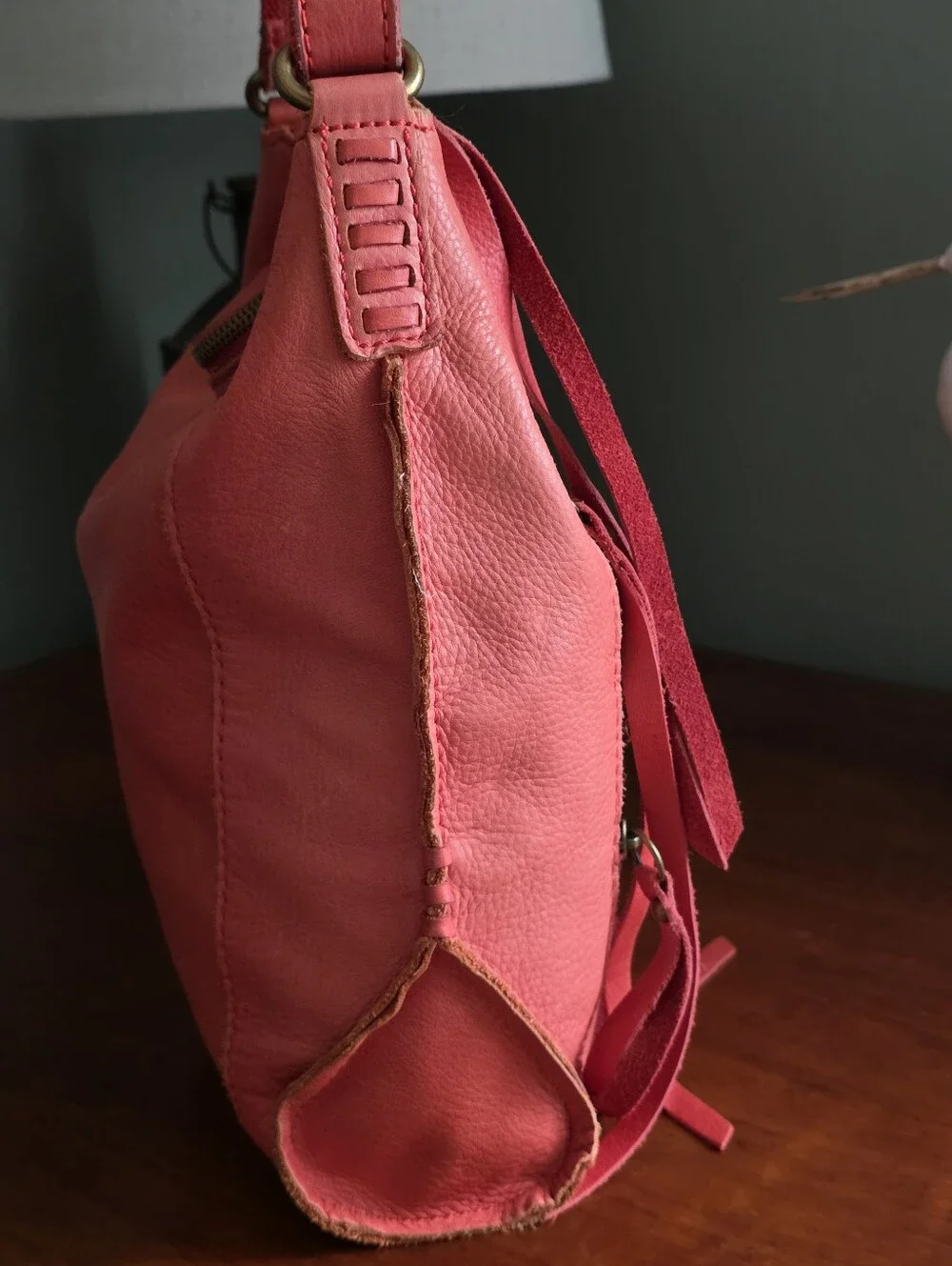 Lucky Brand Leather Hobo Crossbody Bag Coral Pink Fringe Tassels Slouch Boho